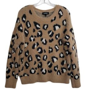 Express Women's Fuzzy Animal Print Crew Neck Sweater, Size Medium
